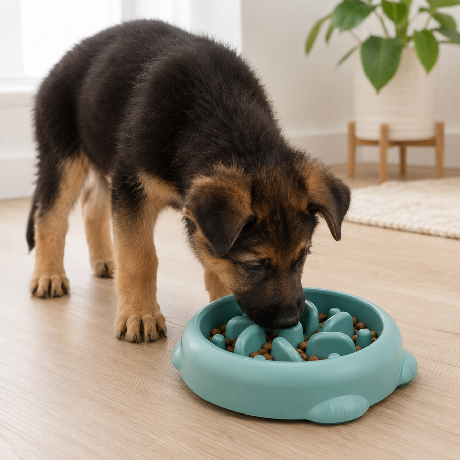 Pet using teal GulpGuard slow feeder bowl