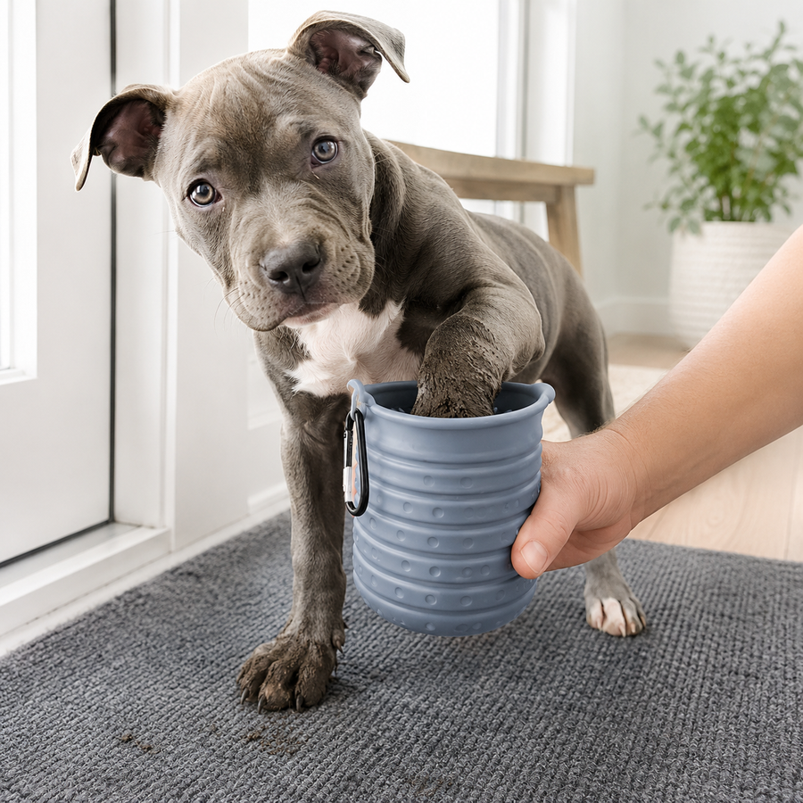 Paw being cleaned in PawClean washer cup