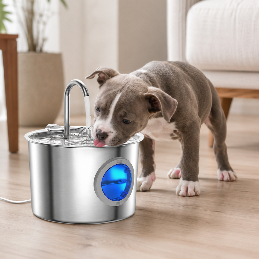 Pet drinking from FreshFlow stainless pet fountain