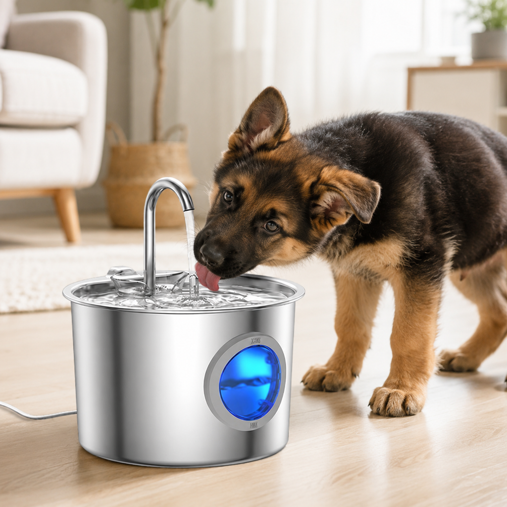 Pet drinking from FreshFlow stainless pet fountain