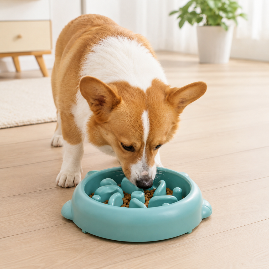 Pet using teal GulpGuard slow feeder bowl
