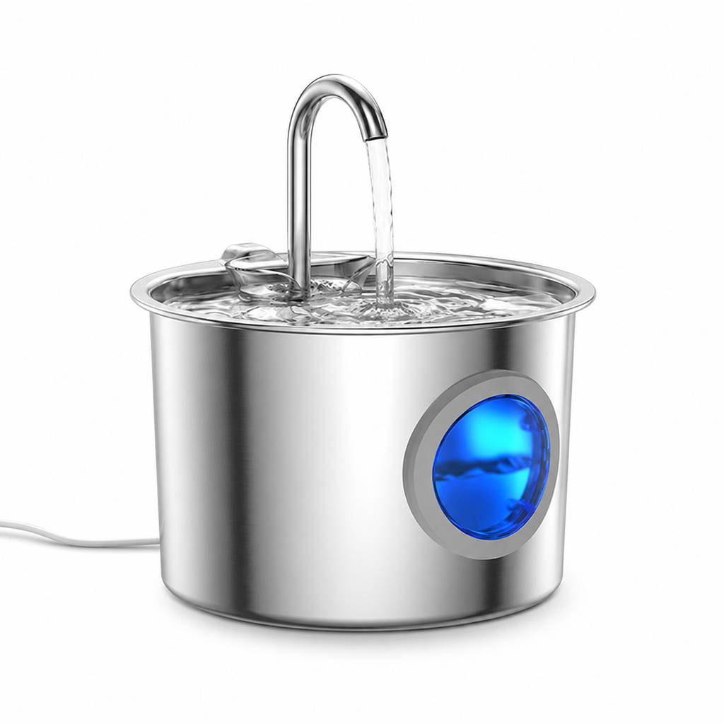 FreshFlow stainless pet fountain on white background
