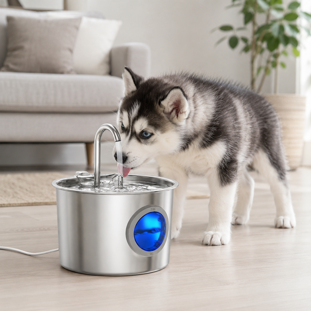 Pet drinking from FreshFlow stainless pet fountain