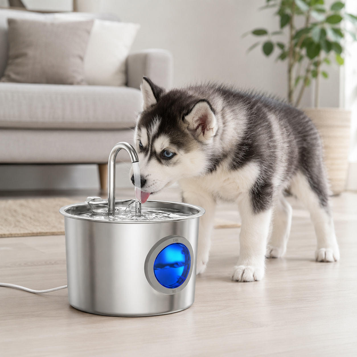Husky drinking from FreshFlow stainless pet fountain