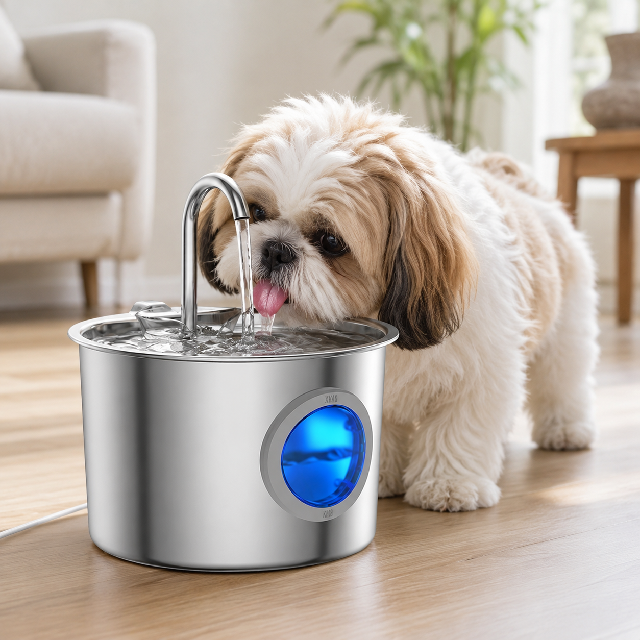 Pet drinking from FreshFlow stainless pet fountain