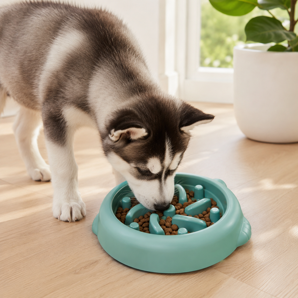Pet using teal GulpGuard slow feeder bowl