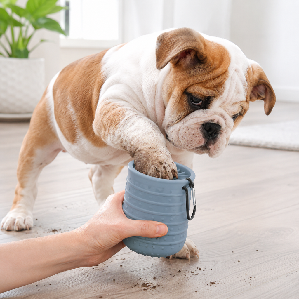 Paw being cleaned in PawClean washer cup