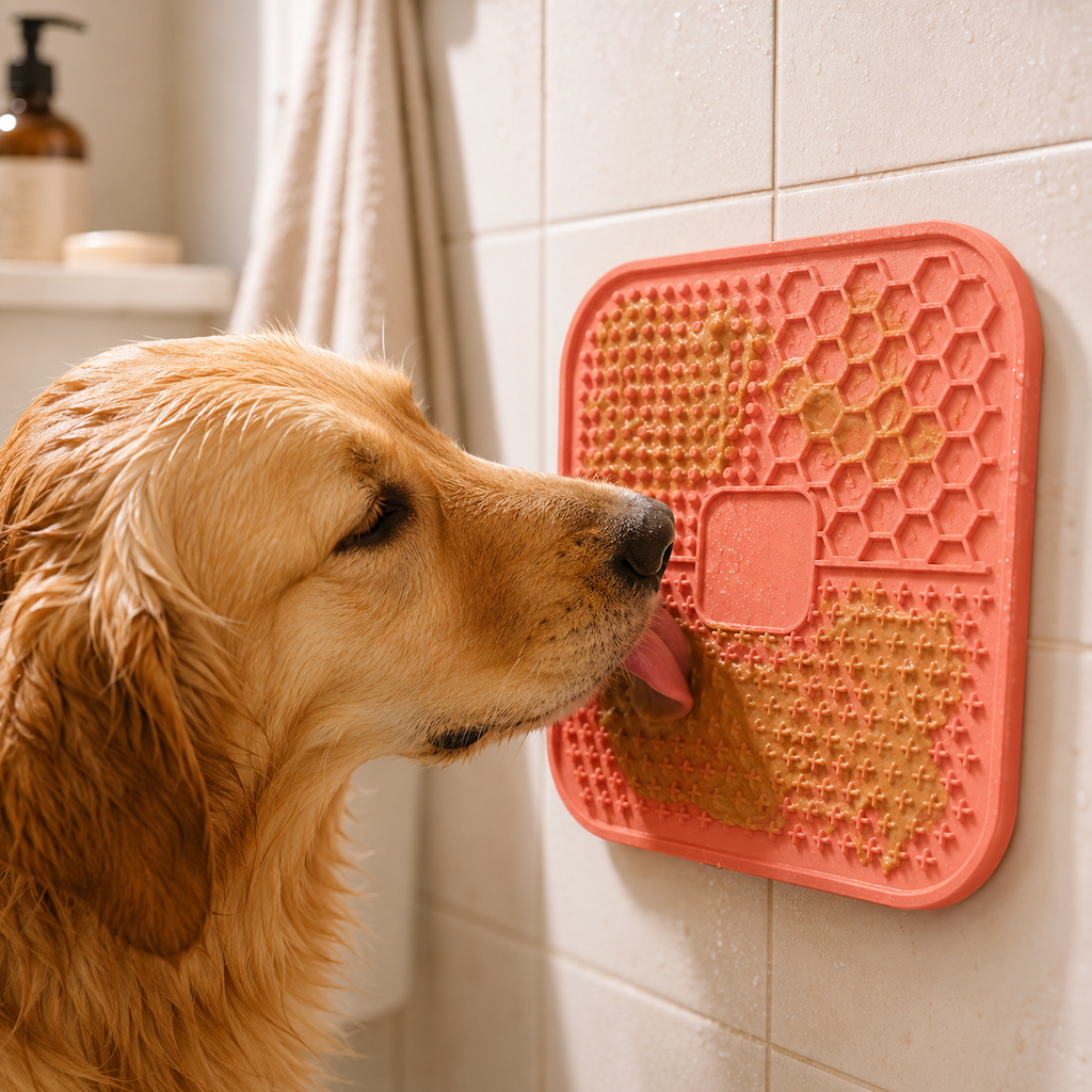 Pet using CalmLick suction lick mat
