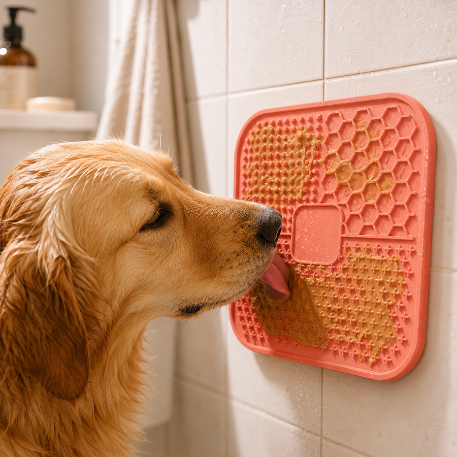 Pet using CalmLick suction lick mat