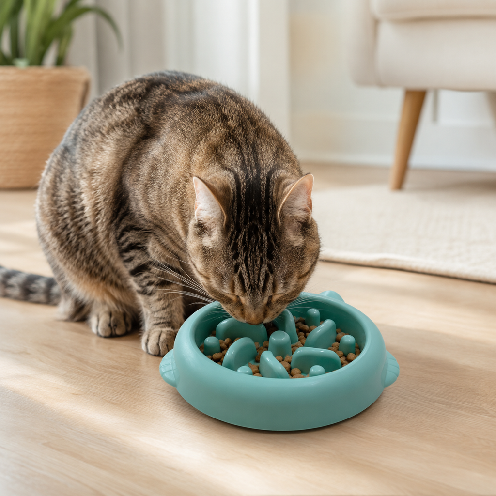 Pet using teal GulpGuard slow feeder bowl